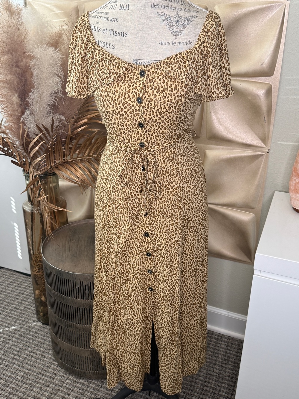 By Anthropologie Leopard Print Off the Shoulder Ruffle Button Front Midi Dress